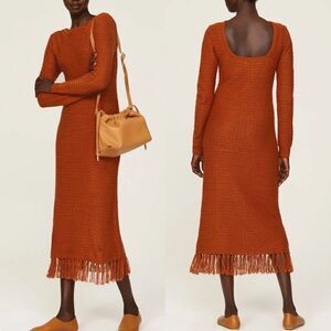 PAMELA LOVE Sweater Dress Womens XS Orange Fringe Long Sleeve Knit Midi Lined